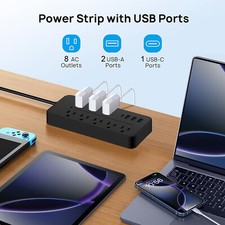 1.15m 10A 8Way With 3 USB USB-C Slots Trailing Socket Mains Power Extension Lead