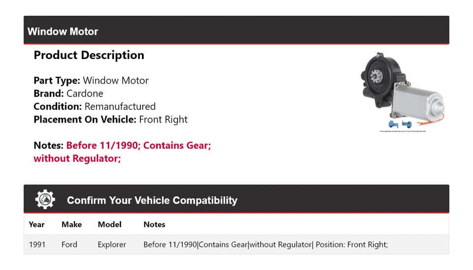Motor de janela dianteiro direito Cardone Ford Explorer 1991 - Imagem 2 de 4