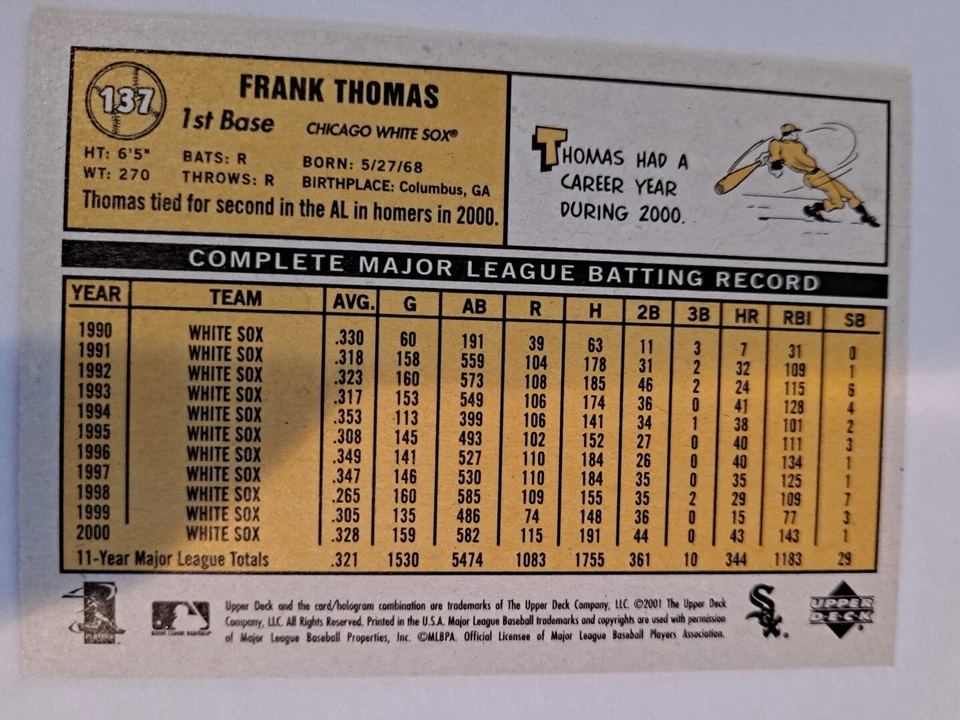 2001 Upper Deck Vintage Baseball #137 Frank Thomas - Image 2 of 2