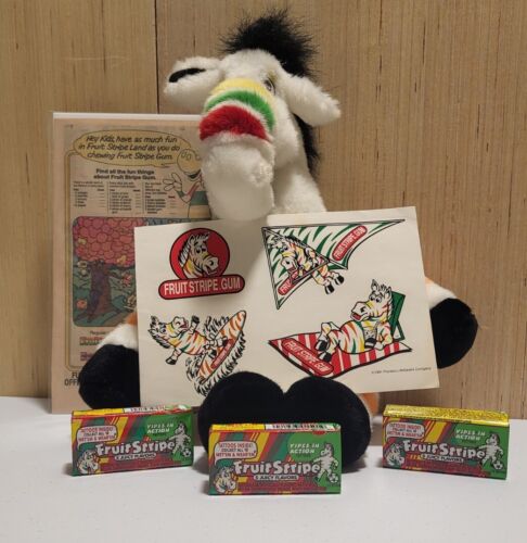 Fruit Stripe Collector Merch RARE Yipes Zebra Plush, 90s Stickers & Vtg Ad. page - Picture 1 of 22