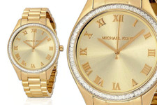 NEW MICHAEL KORS BLAKE GOLD TONE,PAVE CRYSTALS BAZEL BRACELET WATCH-MK3244