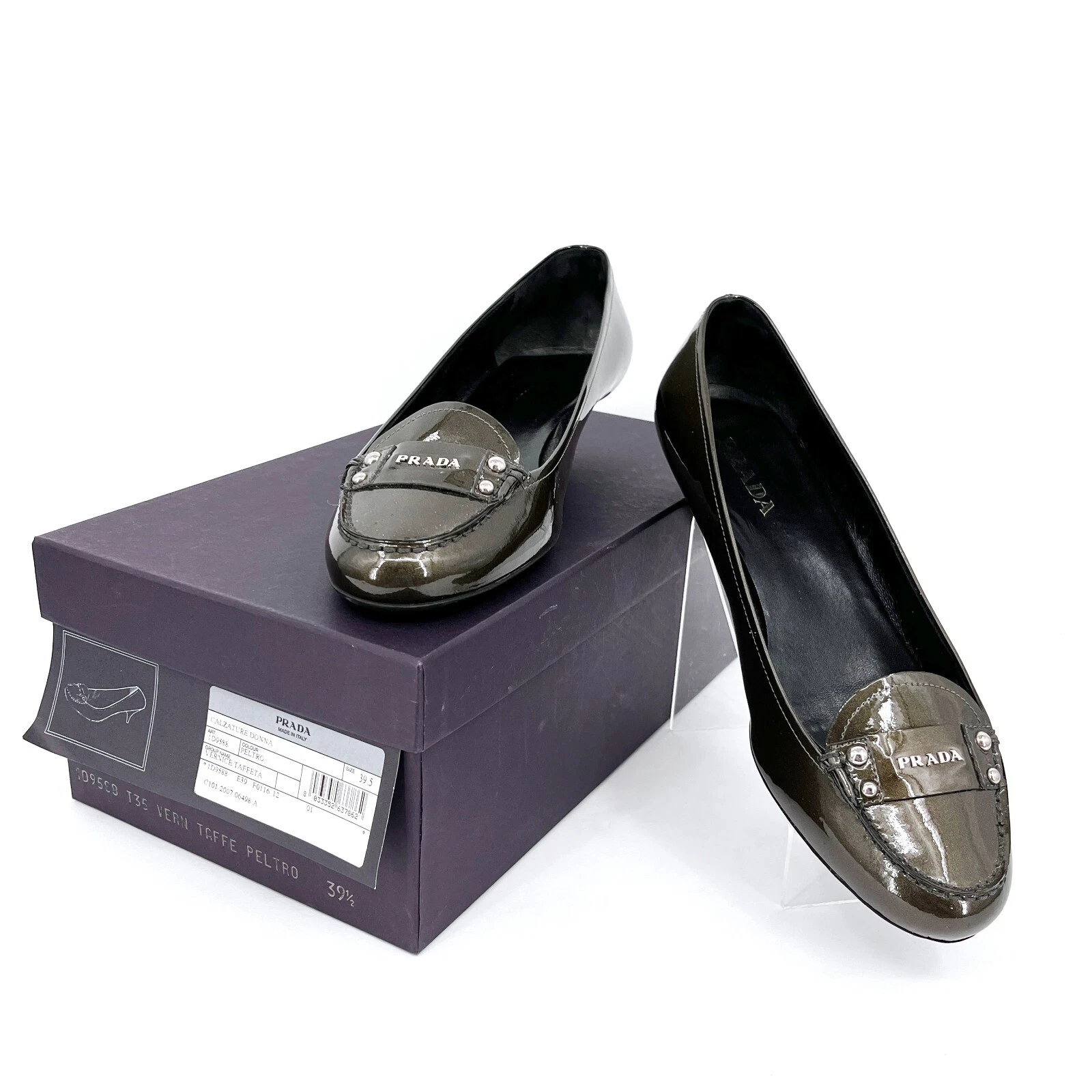 PRADA tacchi a spillo verde vernice NUOVO con scatola 39 5 Vernice Peltro