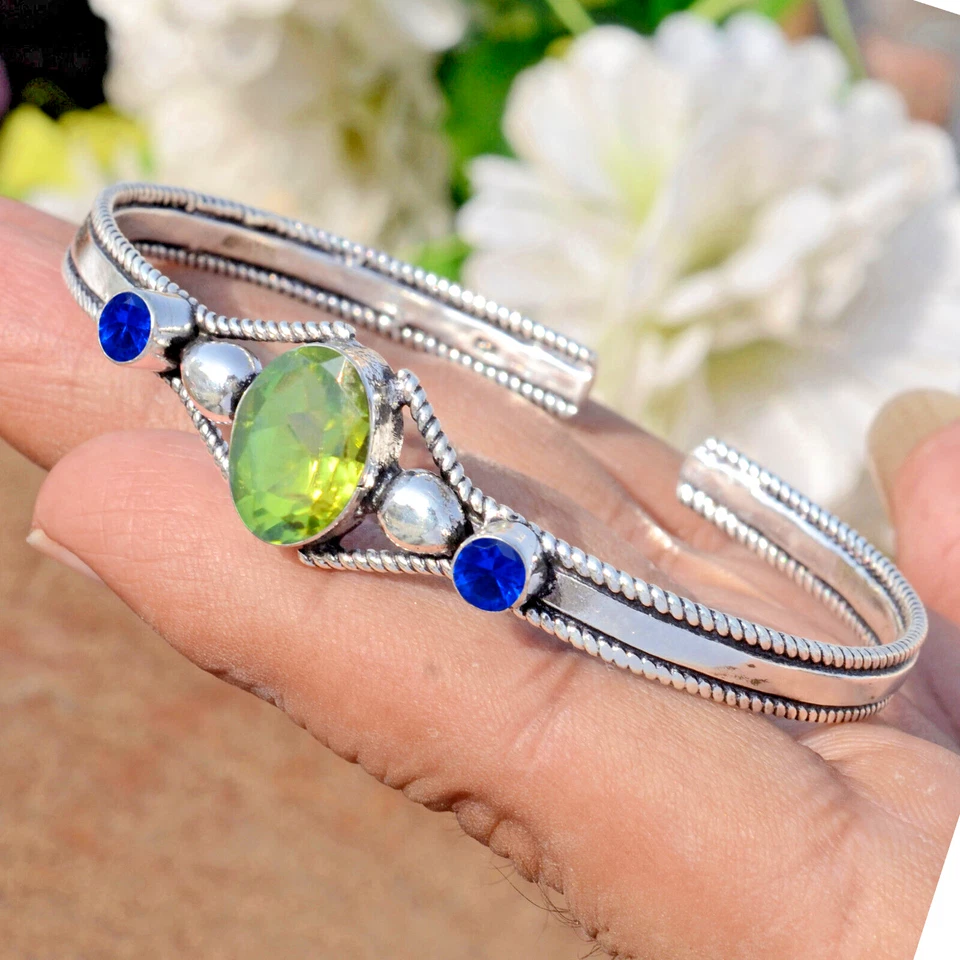 Faceted Peridot & Tanzanite Gemstone 925 Sterling Silver Bracelet Special Gift - Image 2 of 4
