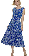 Women's Nina Leonard Raised White Floral Print on Blue Sleeveless Midi Dress M