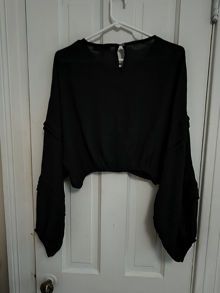 NWT SHE + SKY Womens Black Crop Top Long Balloon Sleeves Milkmaid