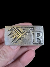 SMALL VINTAGE HOPI OVERLAY LETTER "R" STERLING SILVER BELT BUCKLE