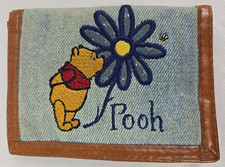 Vintage Winnie the Pooh Denim Leather Tri  Fold Wallet Embroidered Disney