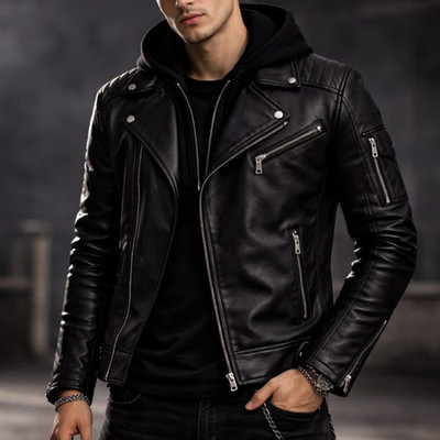 Mens Black Sheepskin Leather Biker Motorcycle Jacket Slim Fit Punk Rock Zip Coat
