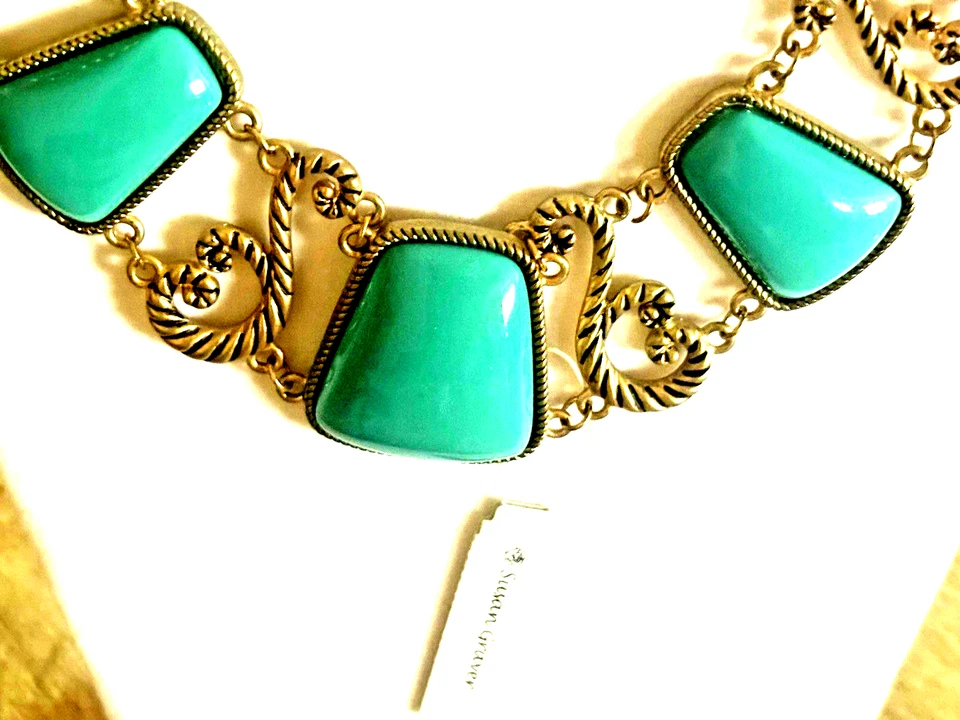 Susan Graver QVC Simulated Turquoise Cabochon Matte Gold Scroll 18" Necklace - Image 3 of 4