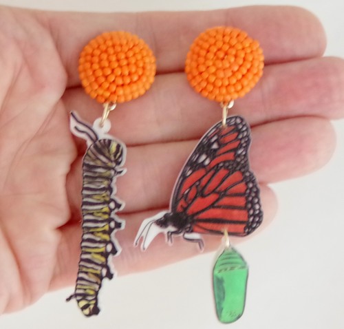 2.75" ASYMMETRICAL MONARCH BUTTERFLY CATERPILLAR COCOON DANGLE ACRYLIC EARRINGS - Picture 9 of 17