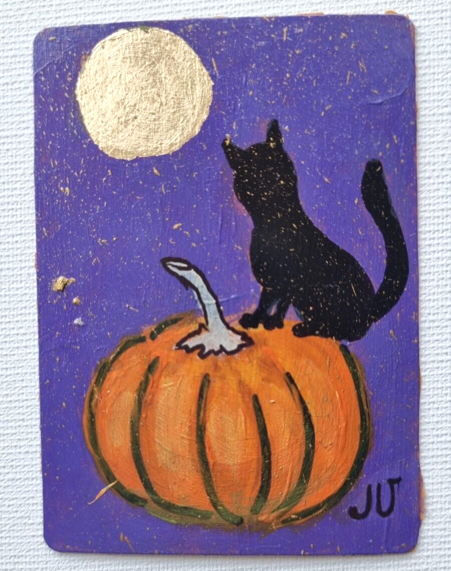 Gato negro y calabaza y luna llena cubierta con hoja de oro Halloween ACEO he...