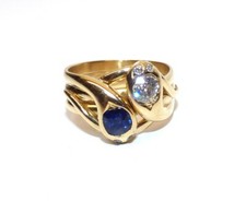 ANTIQUE VICTORIAN 18CT GOLD SNAKE RING DIAMOND & SAPPHIRE UK P 1/2 DOUBLE SNAKES