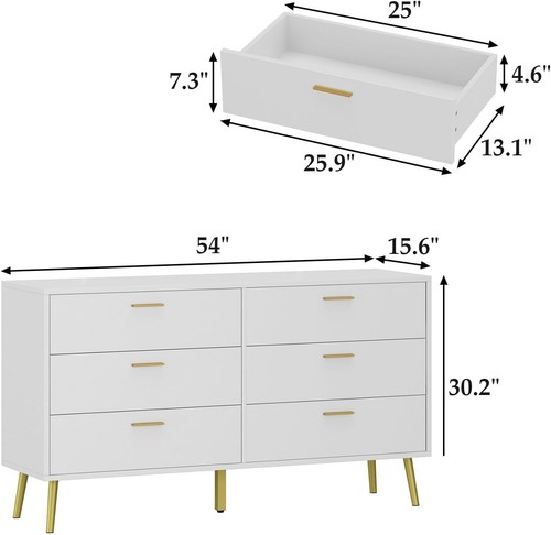 54" 6 Drawer Dresser, Modern 6-Drawer Chest, for Living Room Entryway White - Picture 2 of 7