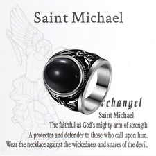 Men Saint Michael Black Stone Sigent Ring Stainless Steel Weddding Band Sz 8-13