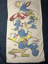 Vintage 52  x28  Smurfs White Beach Towel Peyo Brainy Smurfette