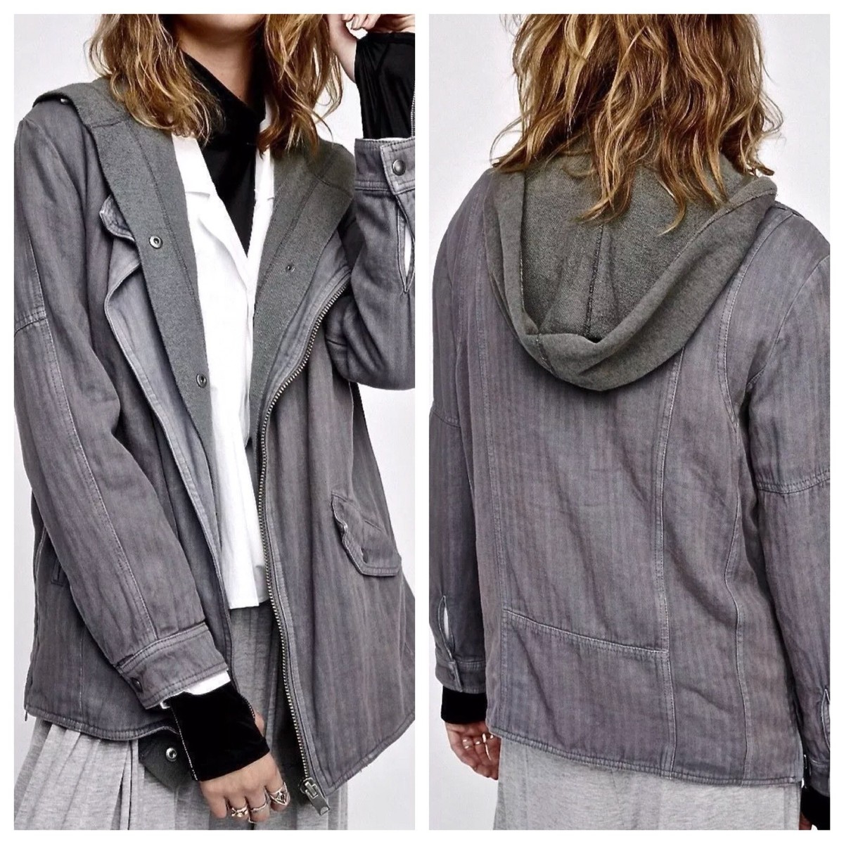 NEW Free People Double Layer Gray Knit Asymmetrical Zip Jacket SZ
