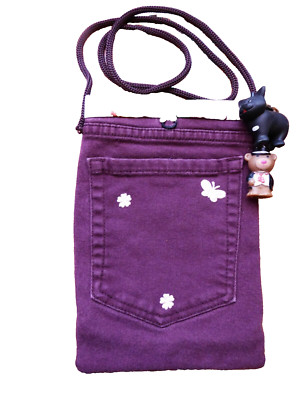 Burgundy Denim Crossbody Bag Bear & Black Cat Charm Purse Upcycle Sustainable