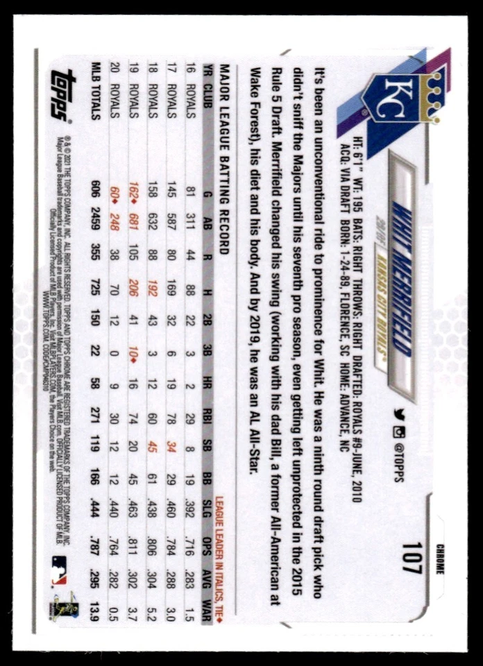2021 Topps Chrome PRISM Whit Merrifield Kansas City Royals #107 R69 - Image 2 of 2