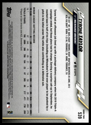 2020 Topps Milwaukee Brewers #MIL-6 Tyrone Taylor - Picture 2 of 2