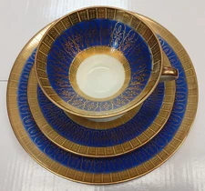 Elfenbein Cobalt Art Deco Tea Cup Saucer Salad Plate Trio Gold Gilded