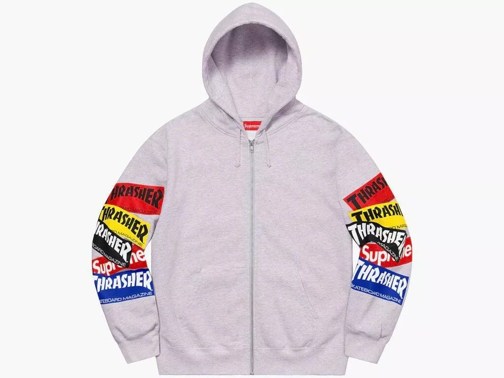 SUPREME THRASHER MULTILOGO SWEAT À CAPUCHE ZIPPÉ GRIS CENDRÉ