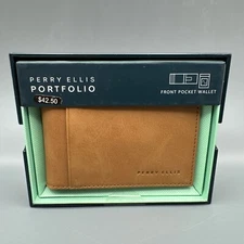 Perry Ellis Portfolio Mens Tan Leather Card Case Wallet Money Clip