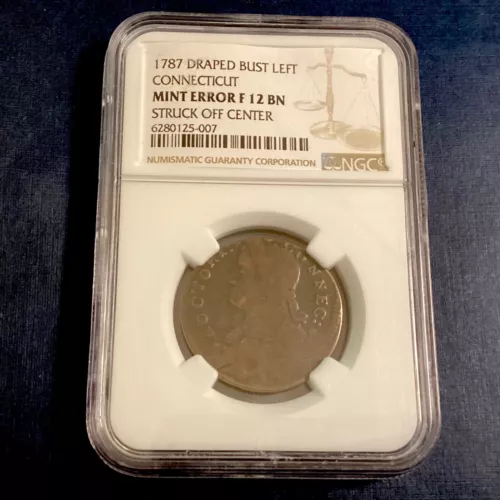 1787 Connecticut Draped Bust Left Colonial Copper Coin  NGC F 12 BN - OFF CENTER