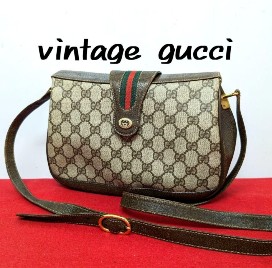 GUCCI Old Gucci GG Supreme Sherry Line Shoulder Bag Beige Brown 