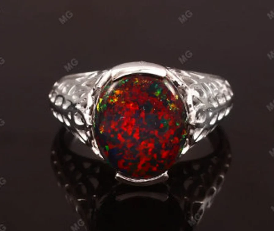 Opala etíope anel preto opala preta anel feito à mão opala fogo vermelho chamativo anel de presente - Imagem 2 de 3