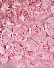PINK 3D Rosette Embroidery Satin Rose Flowers Peony Floral Mesh Fabric by yard