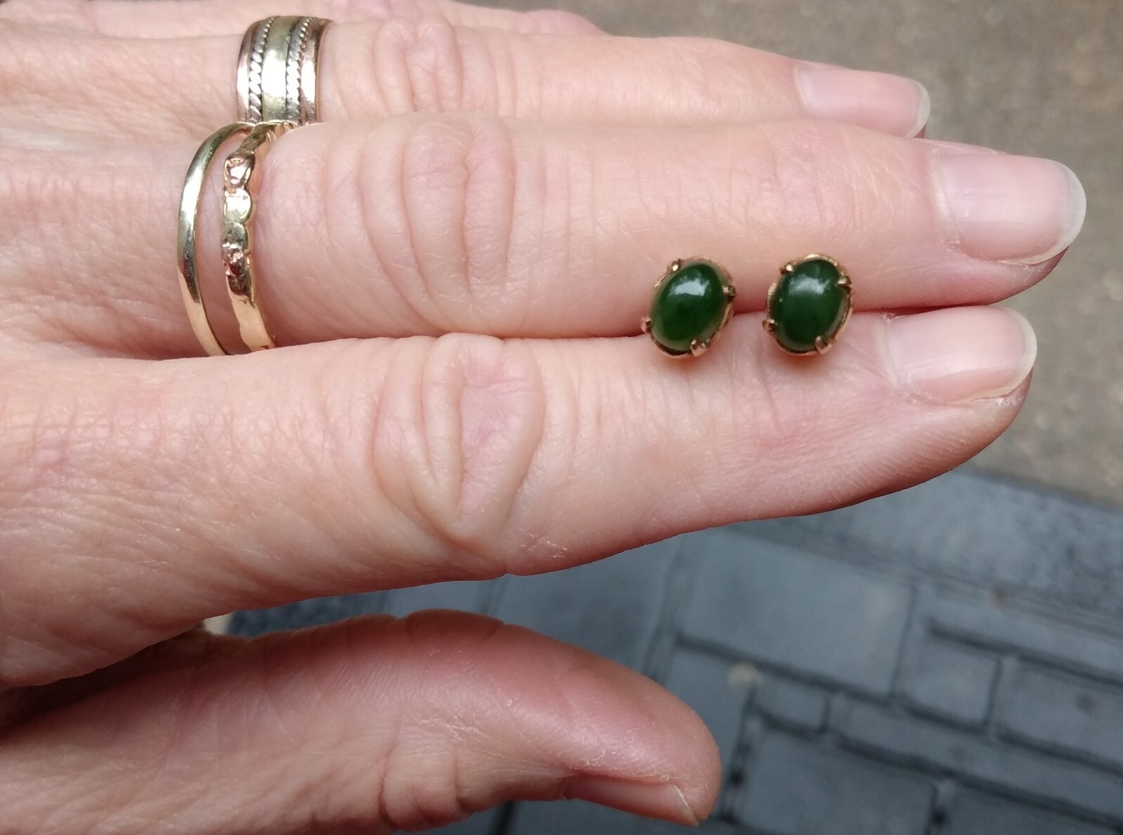 Vintage 14Kt Gold Jade Stud Post Semi Precious Gemstone Earrings Fine