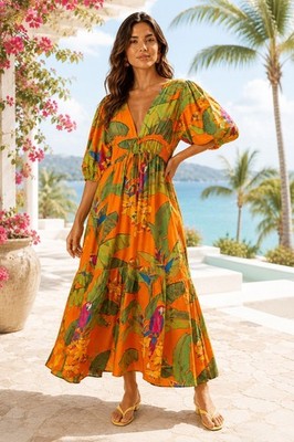 Farm Rio Fresh Macaws Midi Dress Orange Boho Maxi SMALL MEDIUM UK8 UK10 UK12