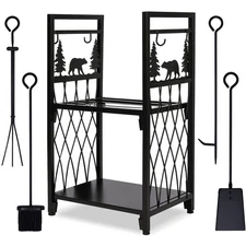 Firewood Rack with 4 Fireplace Tools, Fireplace Tool Sets Log Rack Outdoor He...