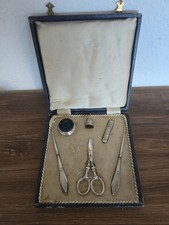 Antikes N&auml;hset  Silber 800 Im Original Etui Nadel Dorn Kreuzband Muster Schere