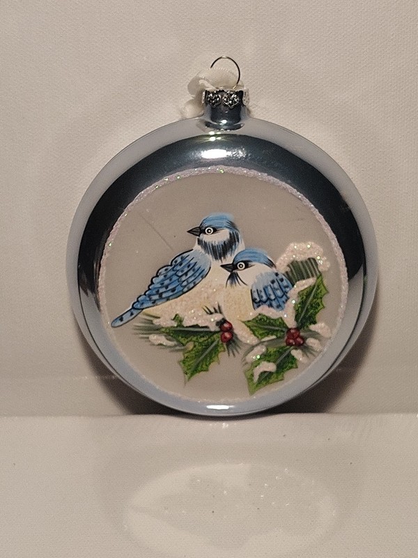 Vintage Medallion Blue Jays In Mistletoe Blue Glitter Glass Ornament 4.5"