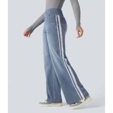 Halara Flex High Waisted Stripe Wide Leg Flowy Casual Jeans Blue SMALL TALL NWOT