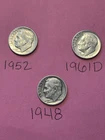 1952 , 1961D , 1948 Roosevelt Dimes , 90% Silver Lot Sale Of 3 Dimes