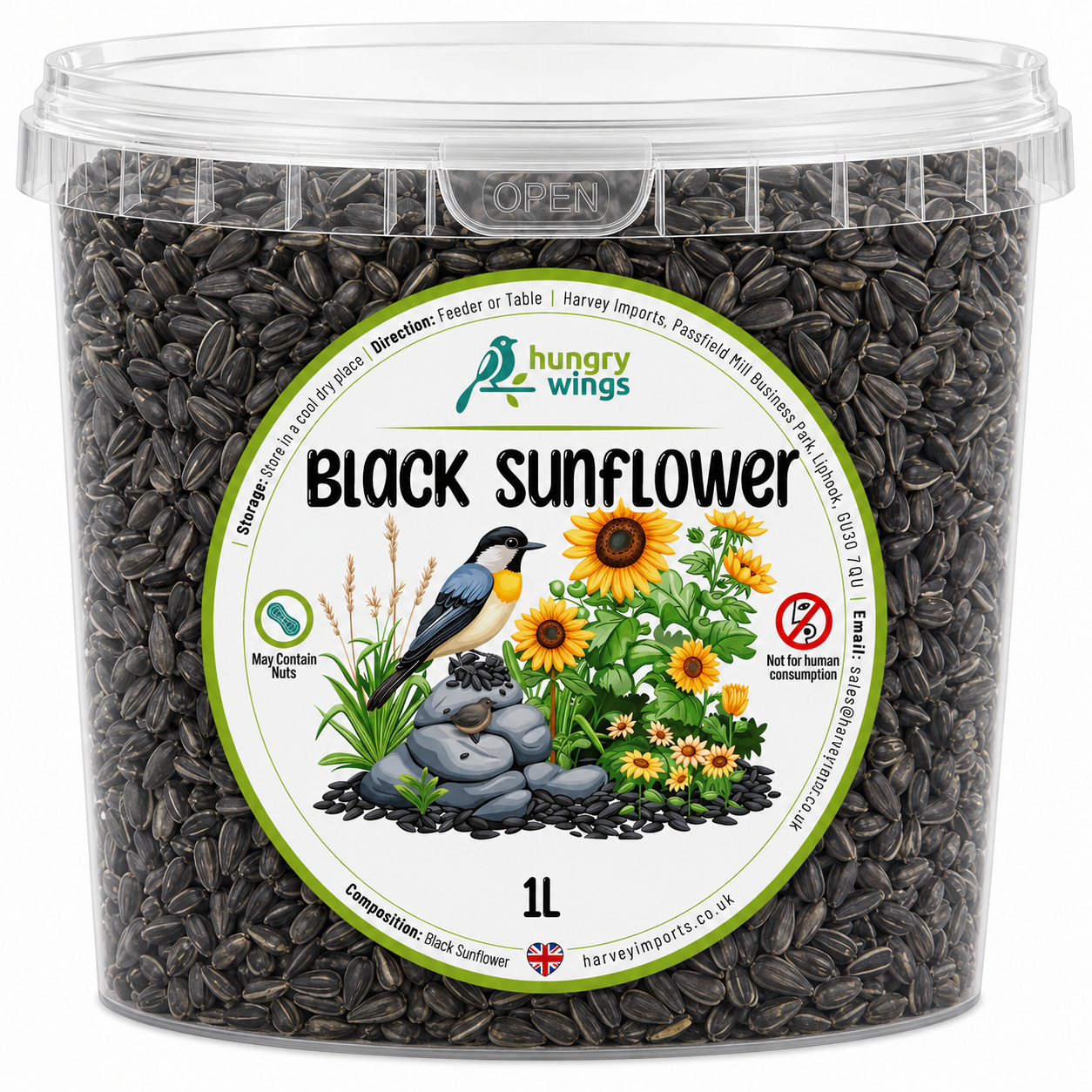 Hungry Wings Black Sunflower Seeds 1L Tub | High Energy Wild Bird Food Premium - Image 2