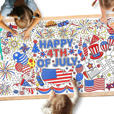 4Th of July Coloring Tablecloth | Patriotic Giant Poster 31.5X72 | Ideal for Ind