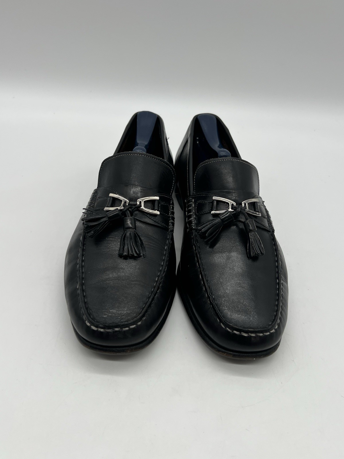 Santoni Men’s Size 10D Black Leather Tassel Loafers Italian Slip On Dress Shoes.