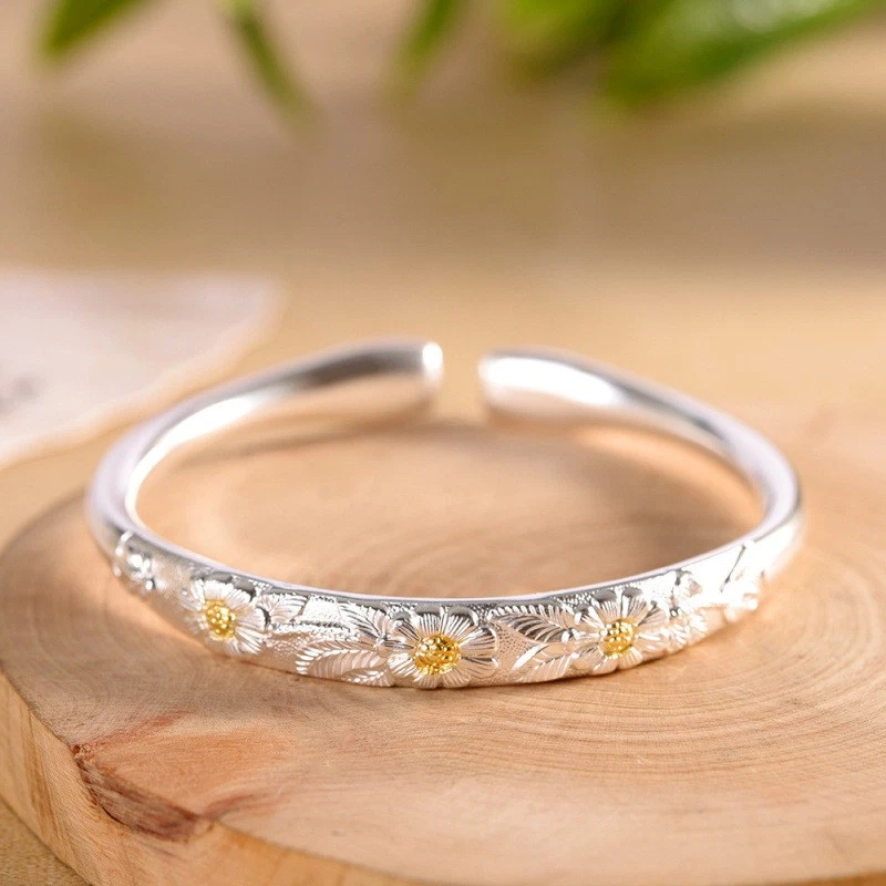 999 Fine Silver Sunflower Bangle Matte Traditional Finish Open Express Ship - Image 4 of 4