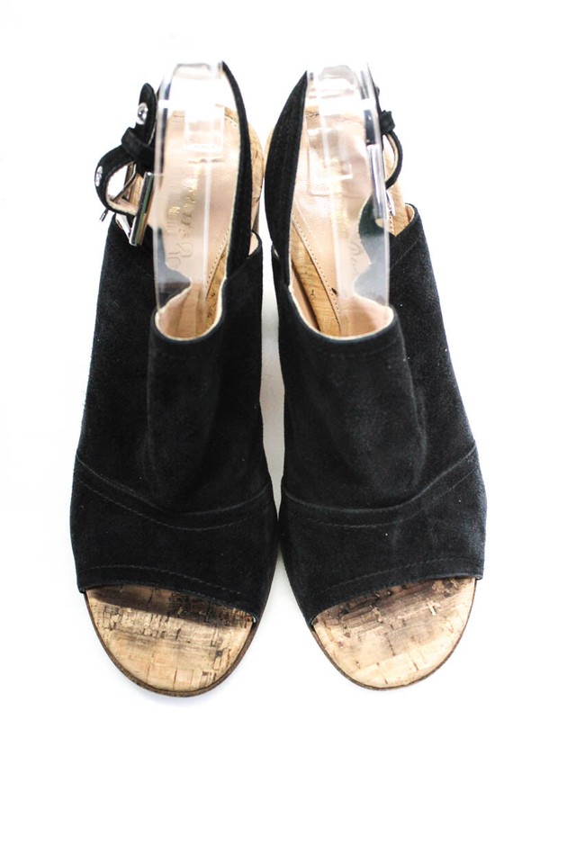 Gianvito Rossi Womens Suede Open Toe Slingback Cork Heels Black Beige