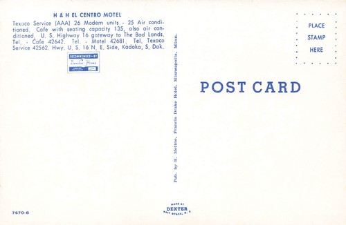 Chrome Postcard - Kadoka, South Dakota, H&H El Centro Motel & Texaco Gas Station - Picture 2 of 2