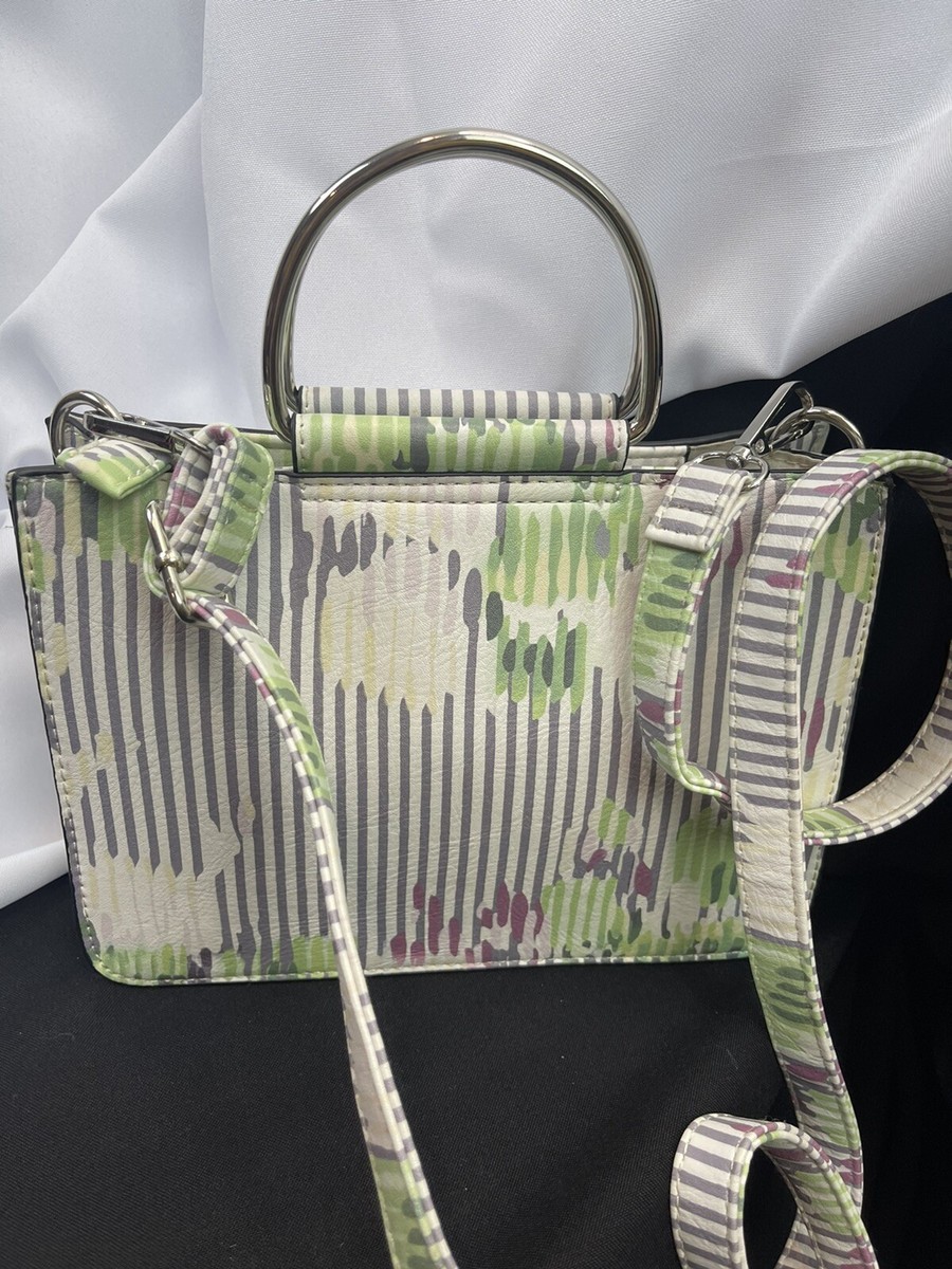 bebe crossbody green white with silver tone handle hardware