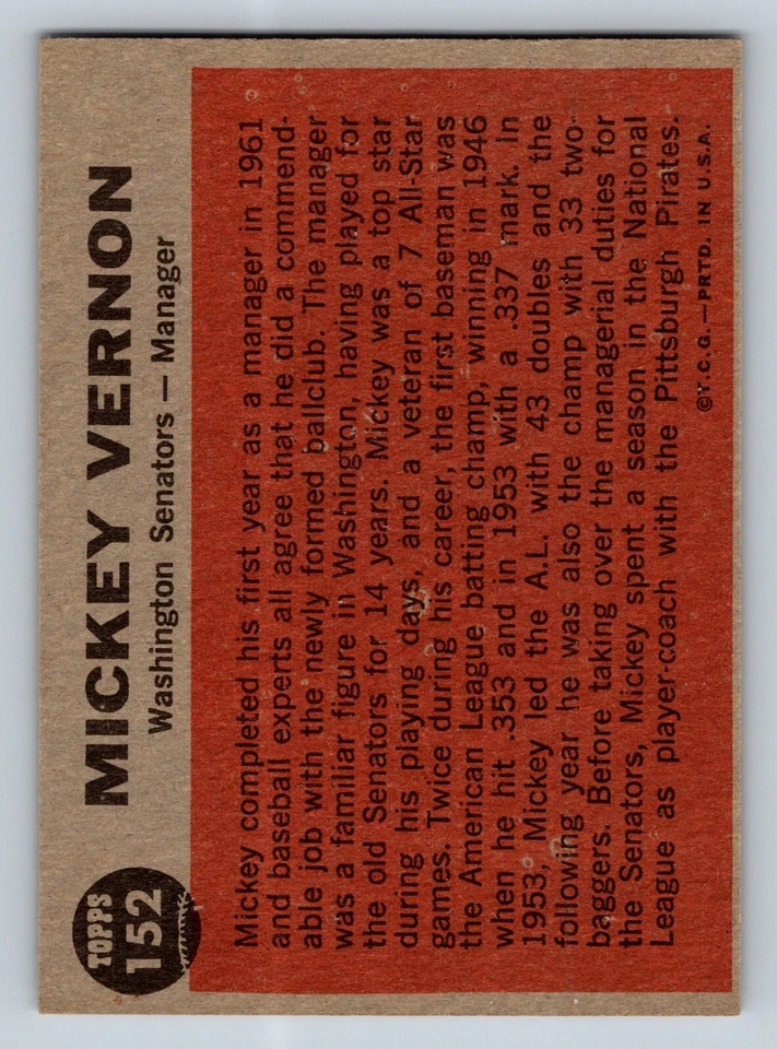 1962 Topps Set-Break #152 Mickey Vernon MGR EX - Image 2 of 2