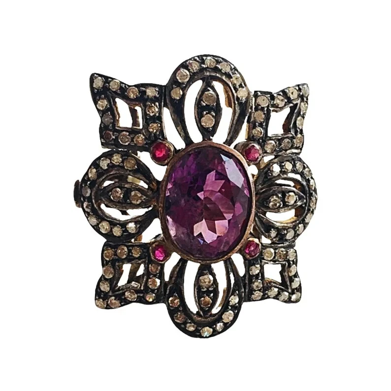 Pave Diamond Oval Amethyst Ring 925 Sterling Silver Victorian Ring Birthday Gift - Image 2 of 4