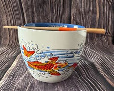 Ed Hardy Ramen Noodle Bowl with Chopsticks Ceramic Contrast Blue Interior