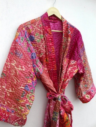 Pink Patchwork Kantha Jacket, Soft Silk Kantha Jacket, Cotton Bath Robe Kimono - Picture 5 of 8
