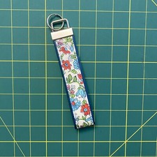 Handmade Keychain Wristlet Key Fob Car Key Wrist Lanyard Floral Blue