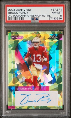 2023 Leaf Vivid #BA-BP1 Brock Purdy Autographs Crystal Green (PSA 8) #/4